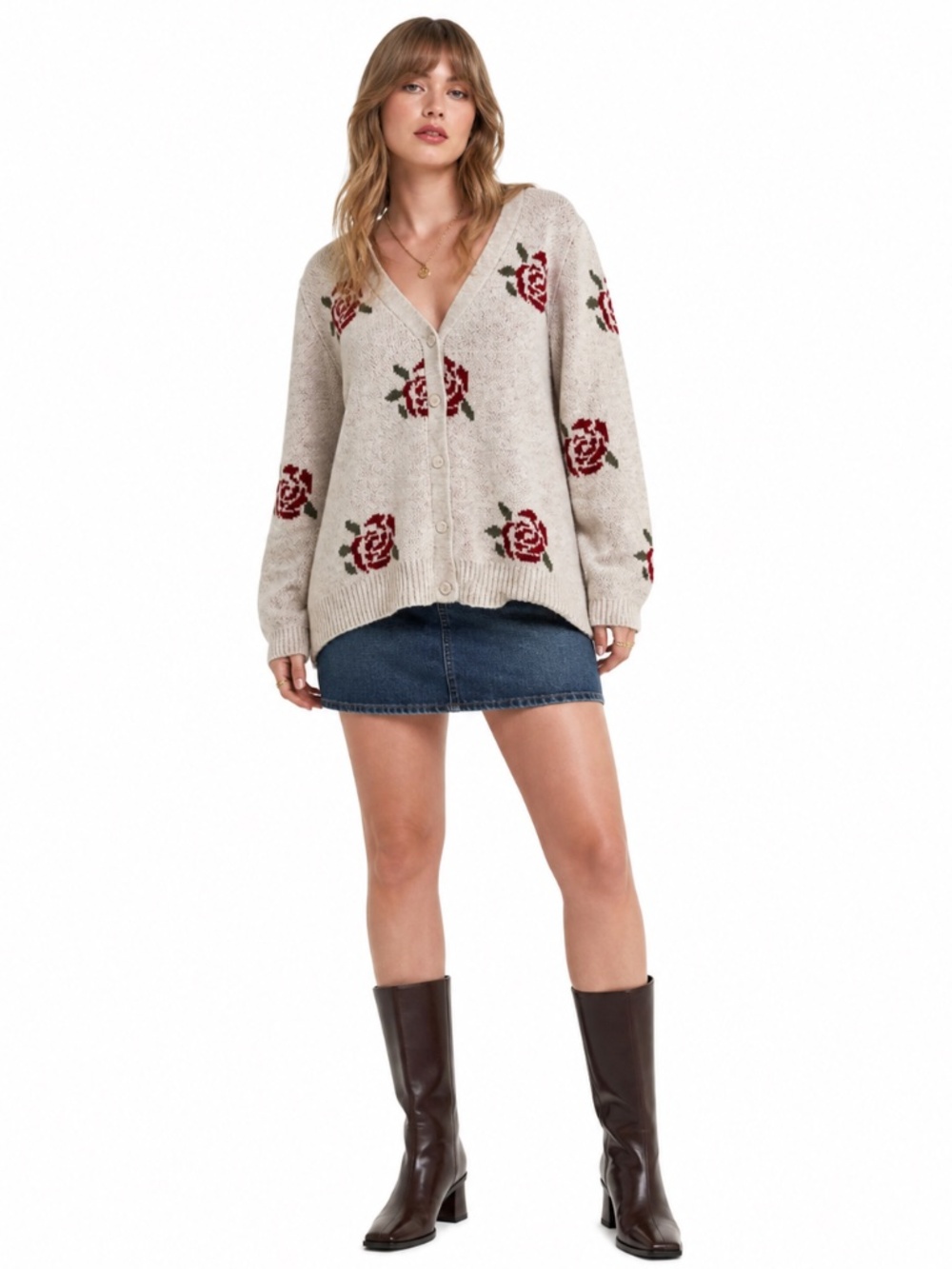 cleo Beige Rose Intarsia V-Neck Button Cardigan